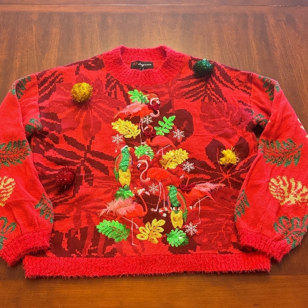 32 Degrees Ugly Sweater Holiday Tropical Flamingo Themed Textured Sweater